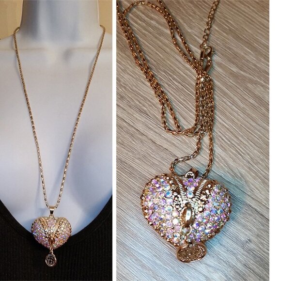 Fun pink sparkling rhinestone puff puffy heart long chain necklace bejeweled. - Picture 1 of 3